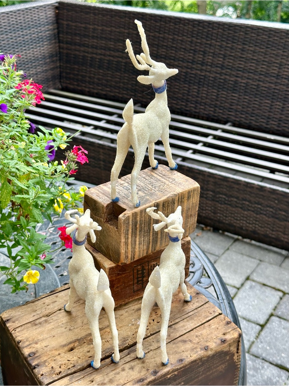 Vintage Retro Glitter Reindeer Deer Set of 3 Blue Velvet Christmas Decor - Picture 5 of 8